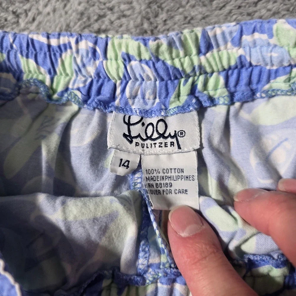 Lilly Pulitzer Girls 14‎ Pajama Pants Blue Green Floral Cotton Crop Drawstring
